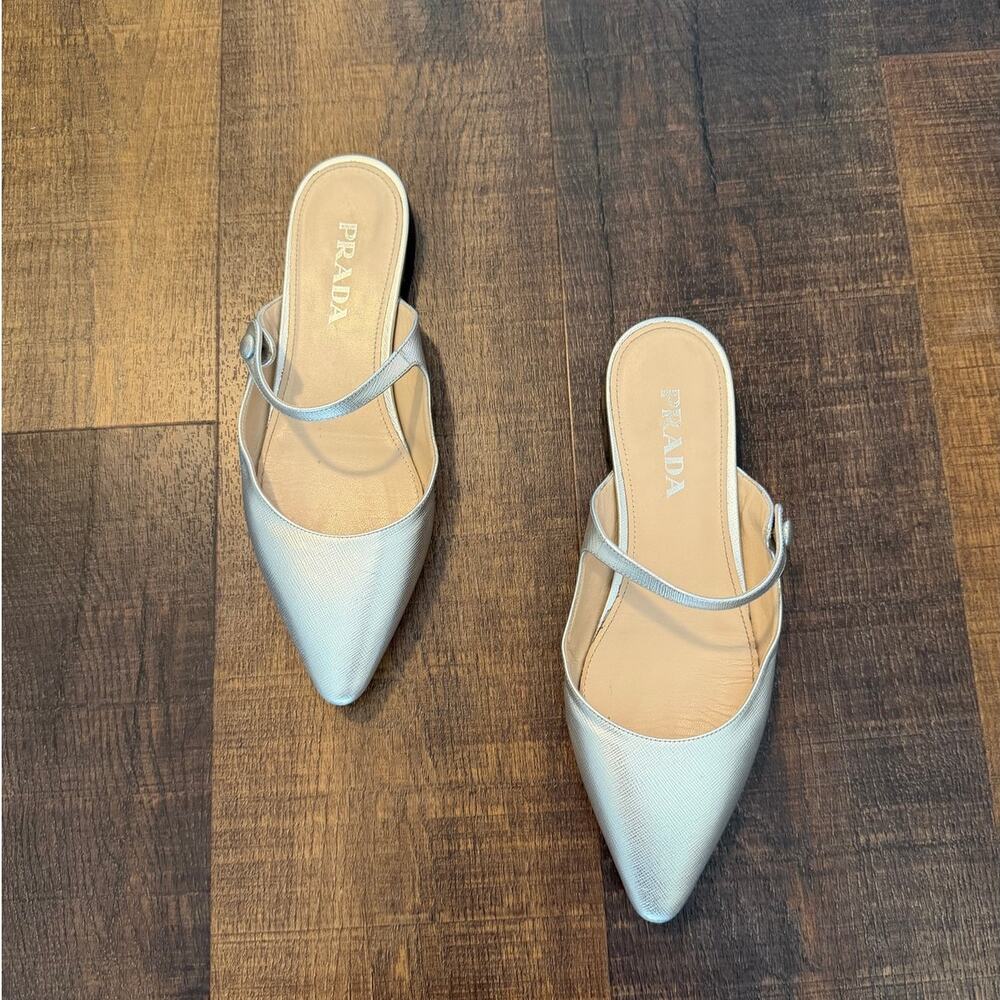 Prada Pointed Toe Slingback Mules Silver Leather Size 39